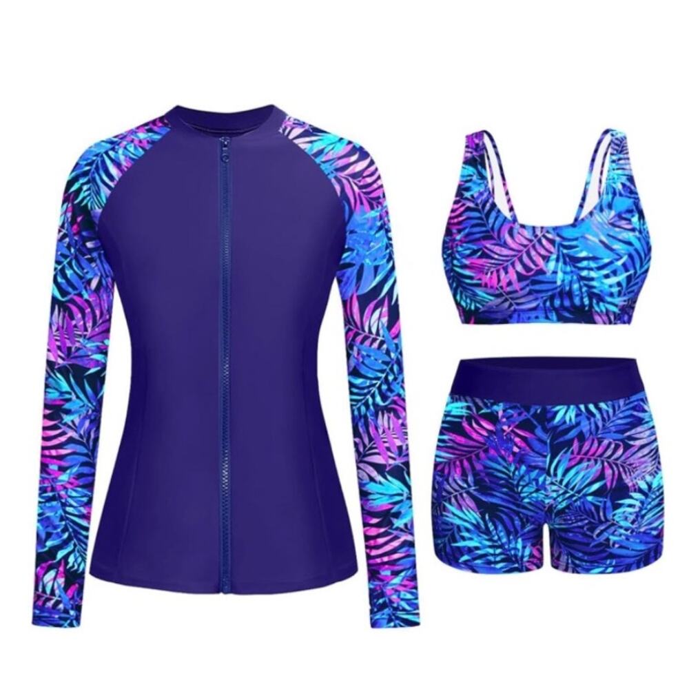 Holipick Women Rash Guard 3PC Set Purple Leaf Zip SPF Swim Shorts XS NWT